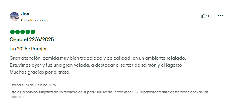 Las mejores reseñas de bares de tapas y vinaterías en Andorra. Gran atención, comida muy bien trabajada y de calidad, en un ambiente relajado. Estuvimos ayer y fue una gran velada; a destacar el tartar de salmón y el lagarto. Muchas gracias por el trato.

